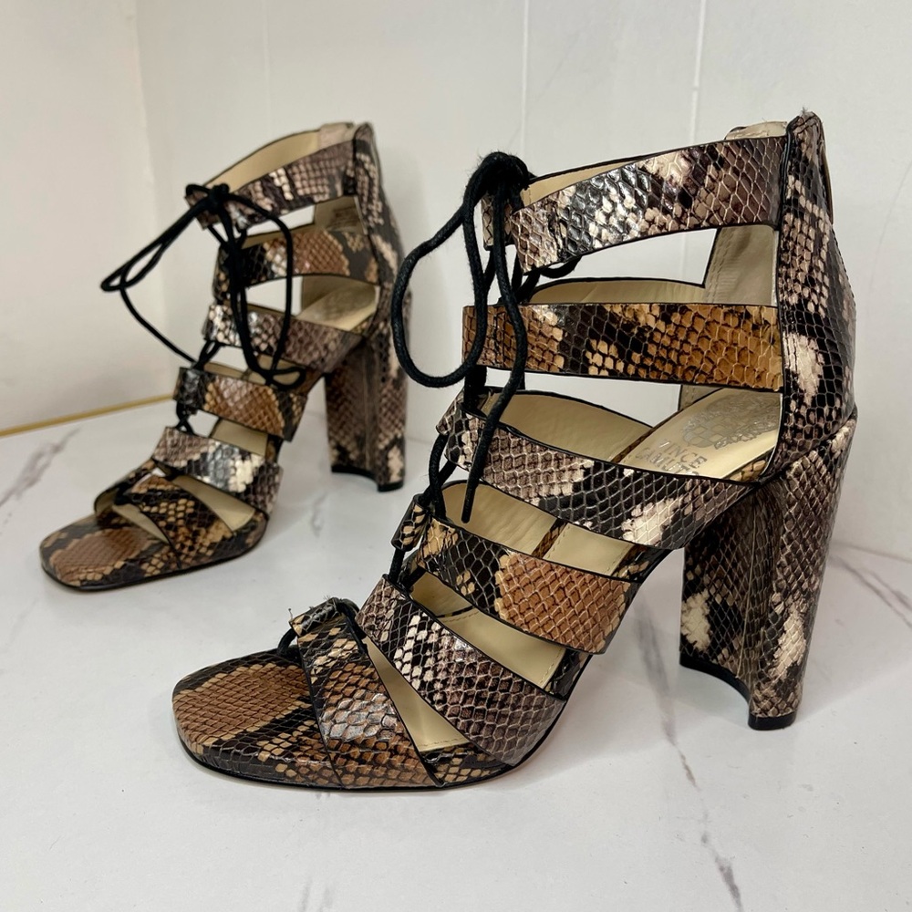 Vince Camuto Phandras Brown and black snakeskin lace-up peep toe sandals Sz 8M